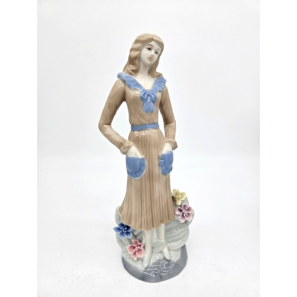 Porcelain Victorian Lady Woman Hands in Pockets & Flowers Figurine 11.5" China
